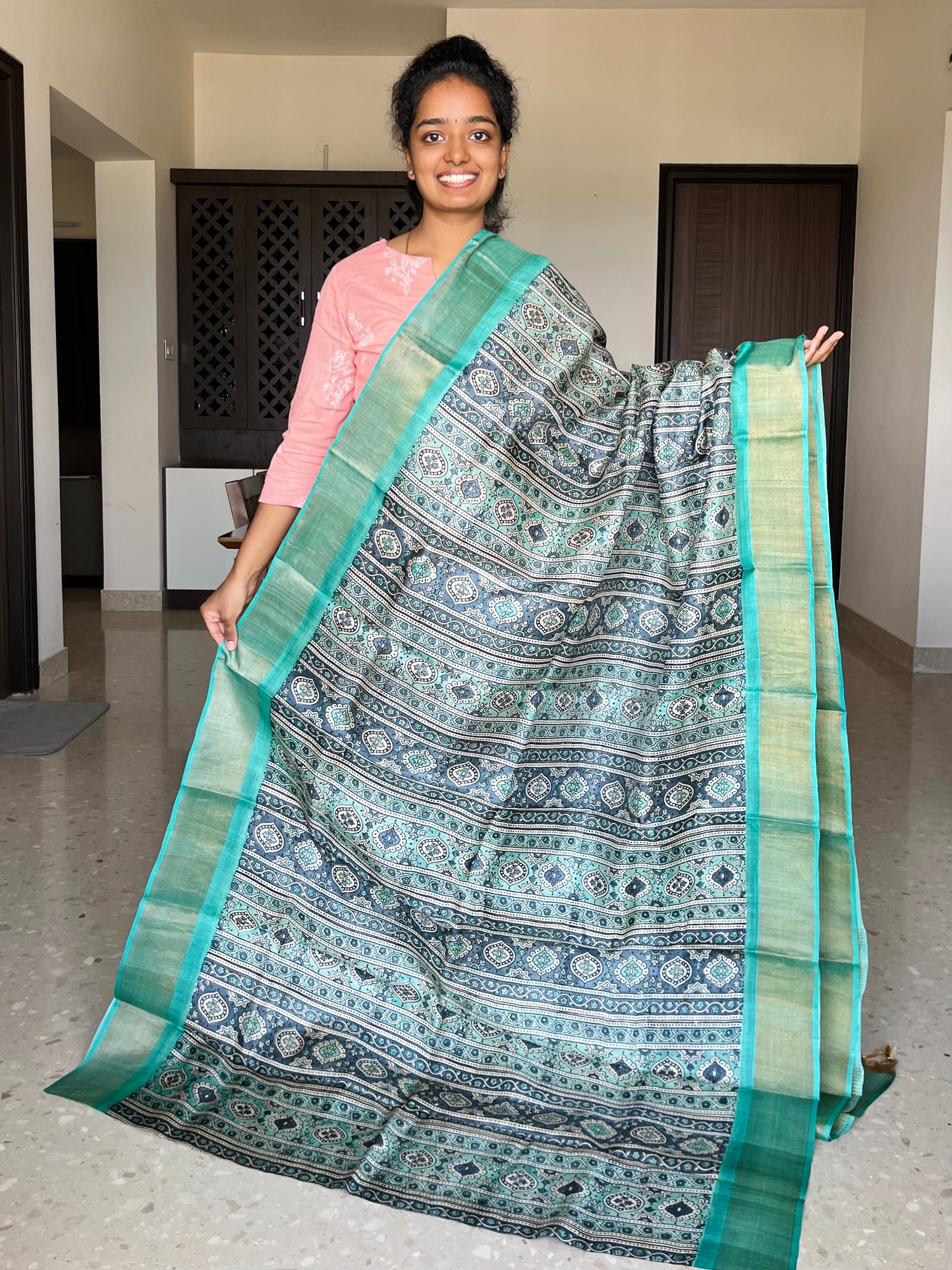 Grey and Cyan Tussar Silk Saree with Prints