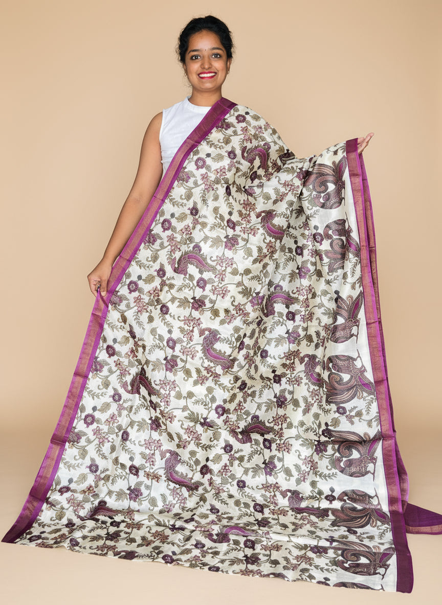Cream and Magenta Tussar Silk Saree with Prints