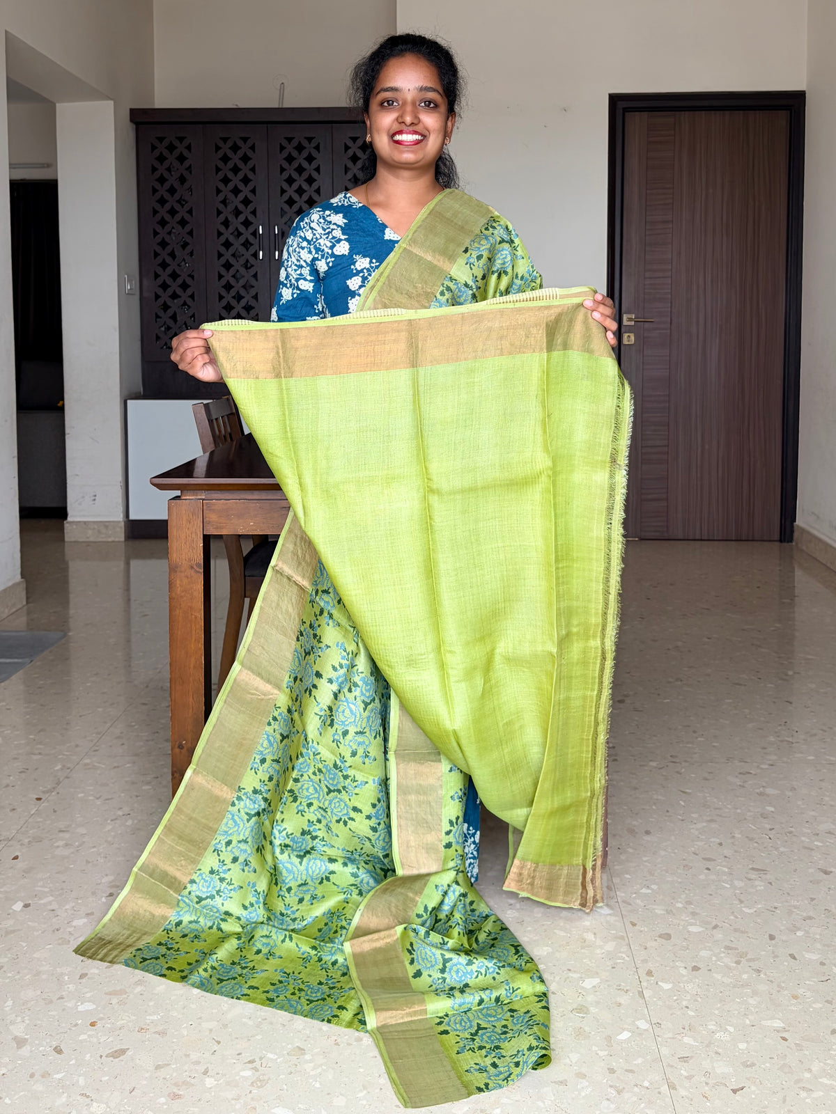 Green Tussar Silk Saree with Prints