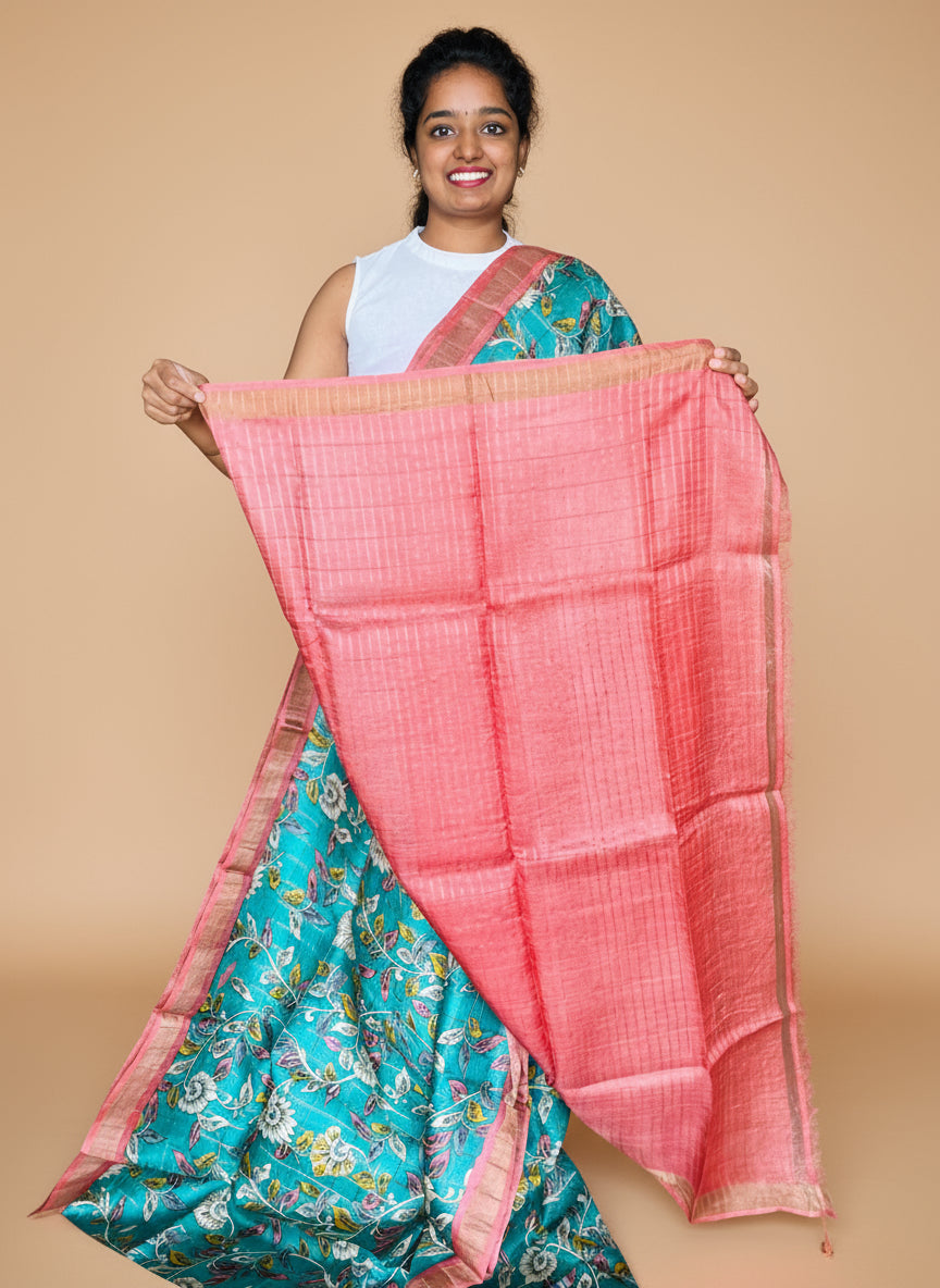 Cyan and Peach Tussar Silk Saree with Prints