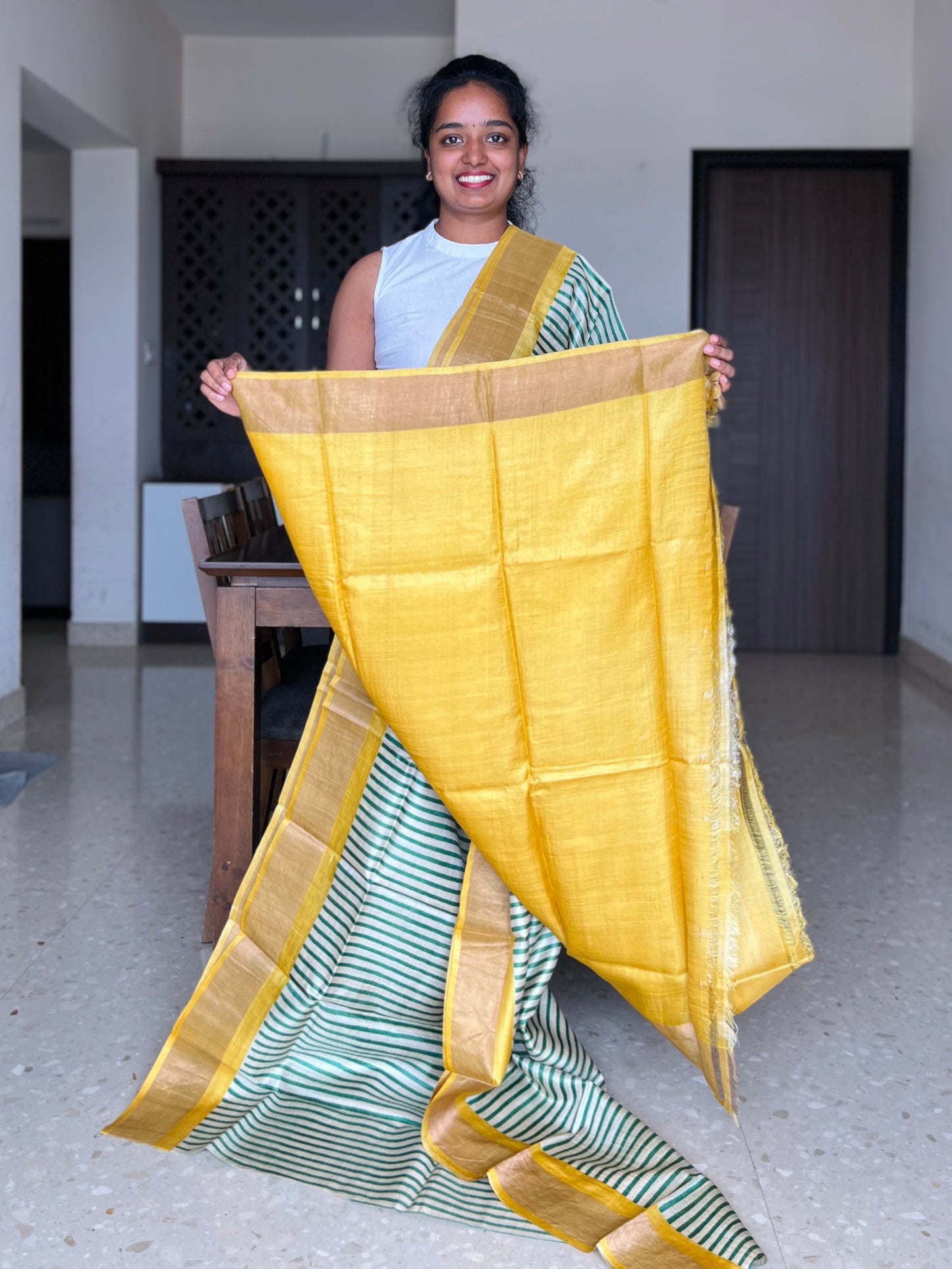 Green and Yellow Tussar Silk Saree with Prints