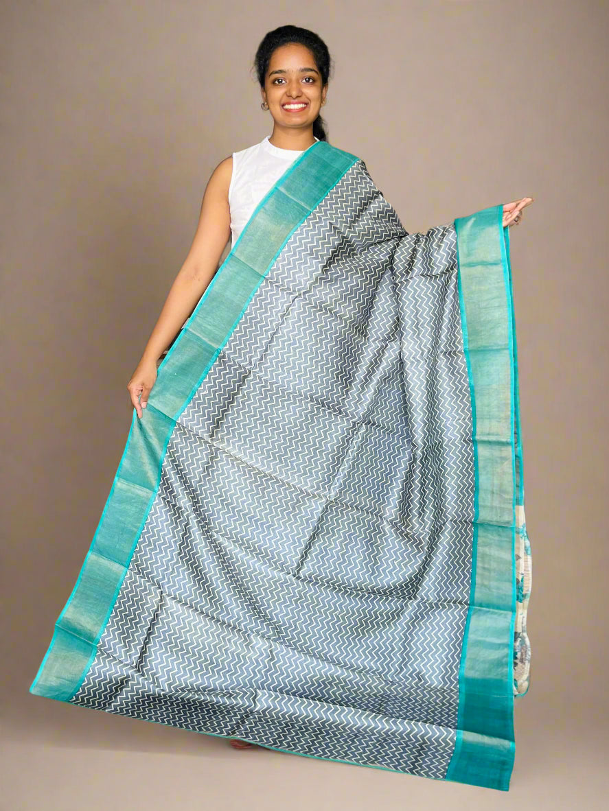 Grey and Blue Tussar Silk Saree with Prints