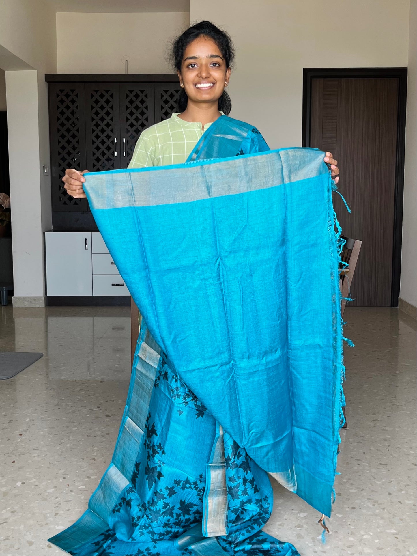 Blue and Black Tussar Silk Saree with Prints