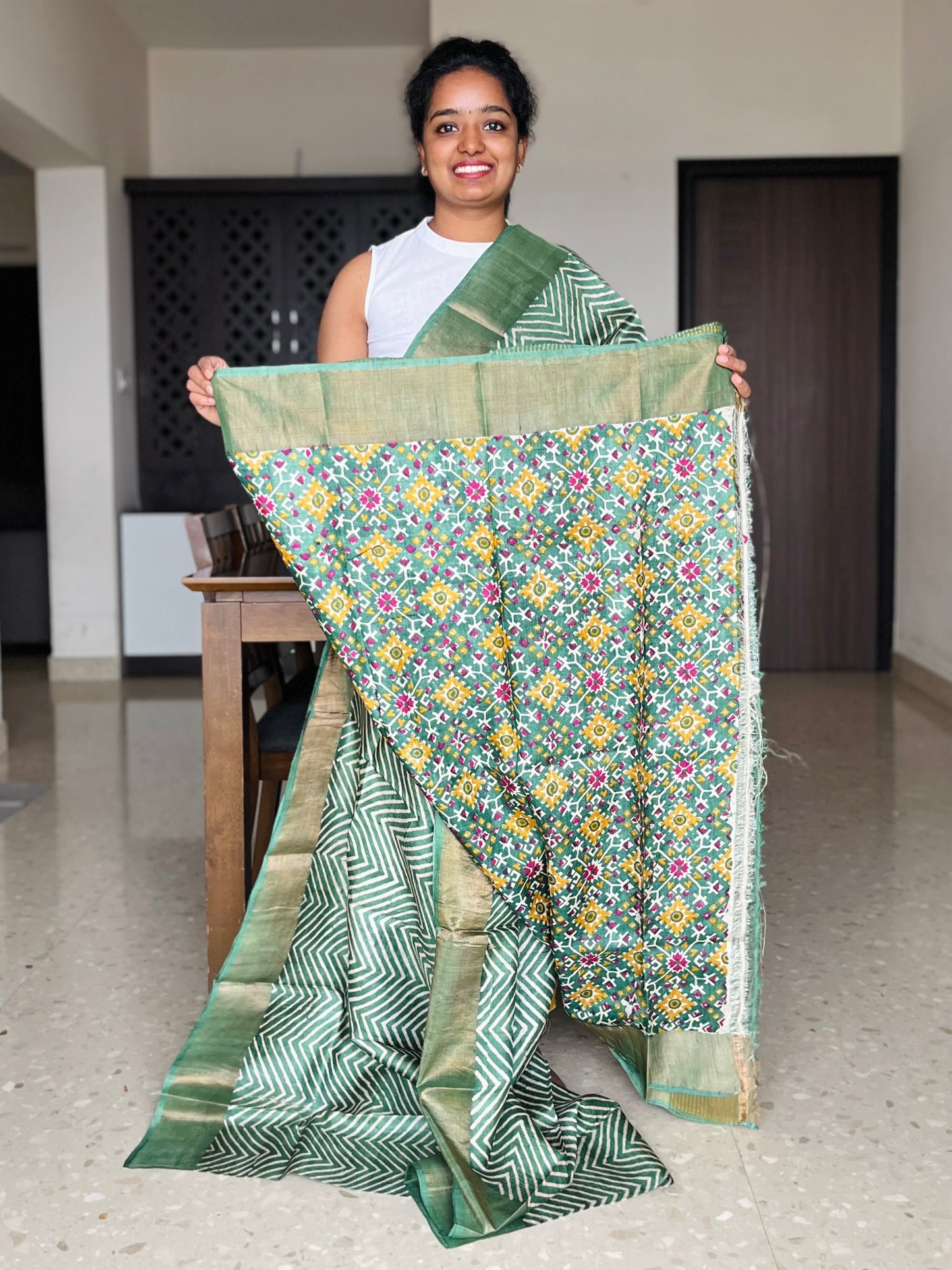 Green Tussar Silk Saree with Prints