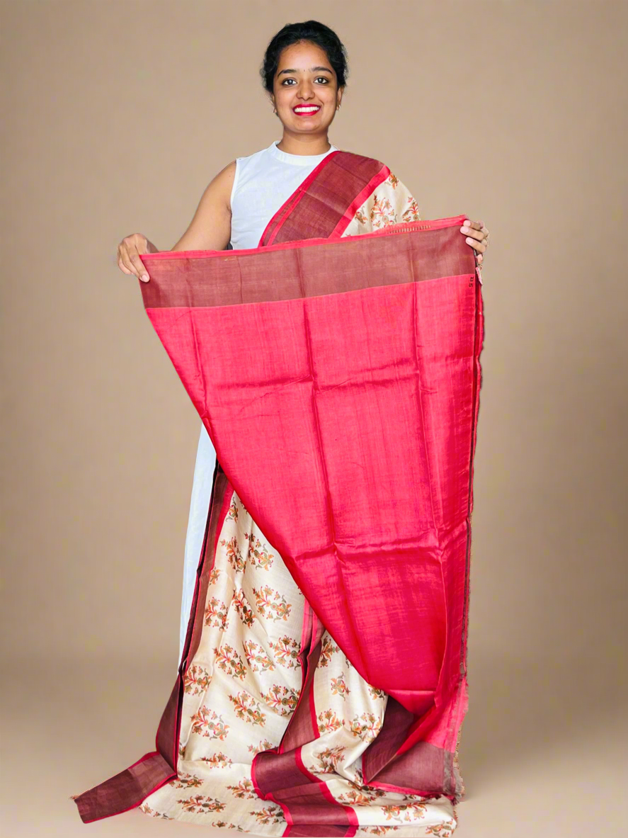 Cream and Red Tussar Silk Saree with Prints