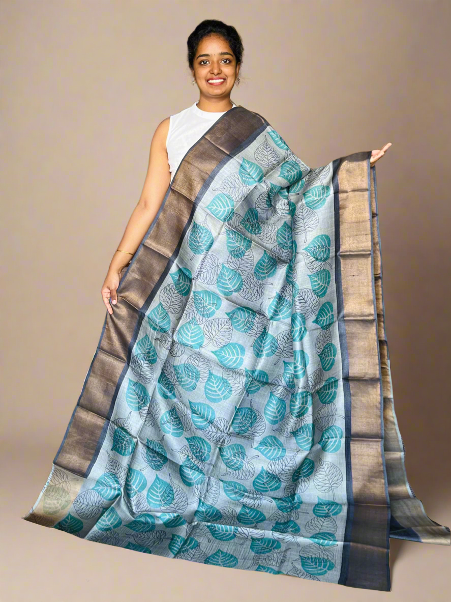 Grey and Black Tussar Silk Saree with Prints