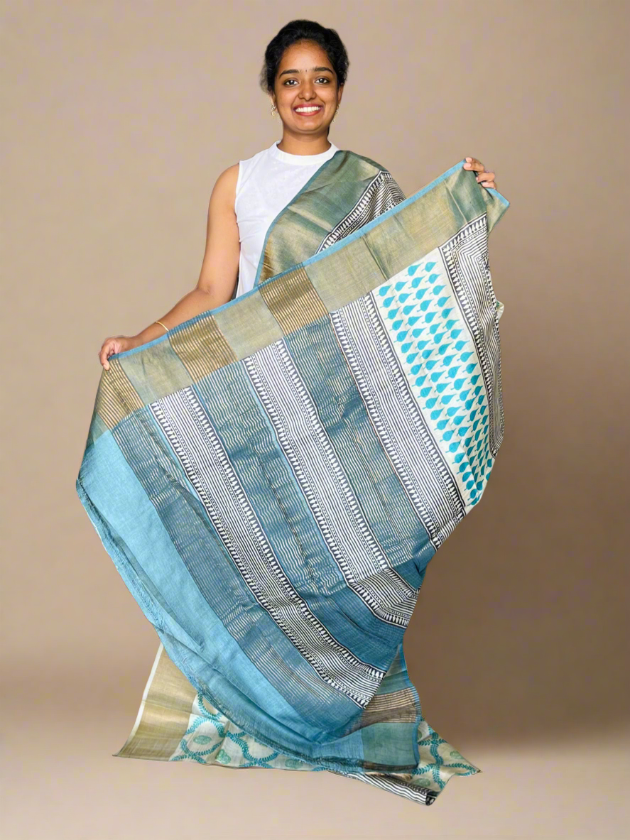 Cream, Blue and Grey Tussar Silk Saree with Prints