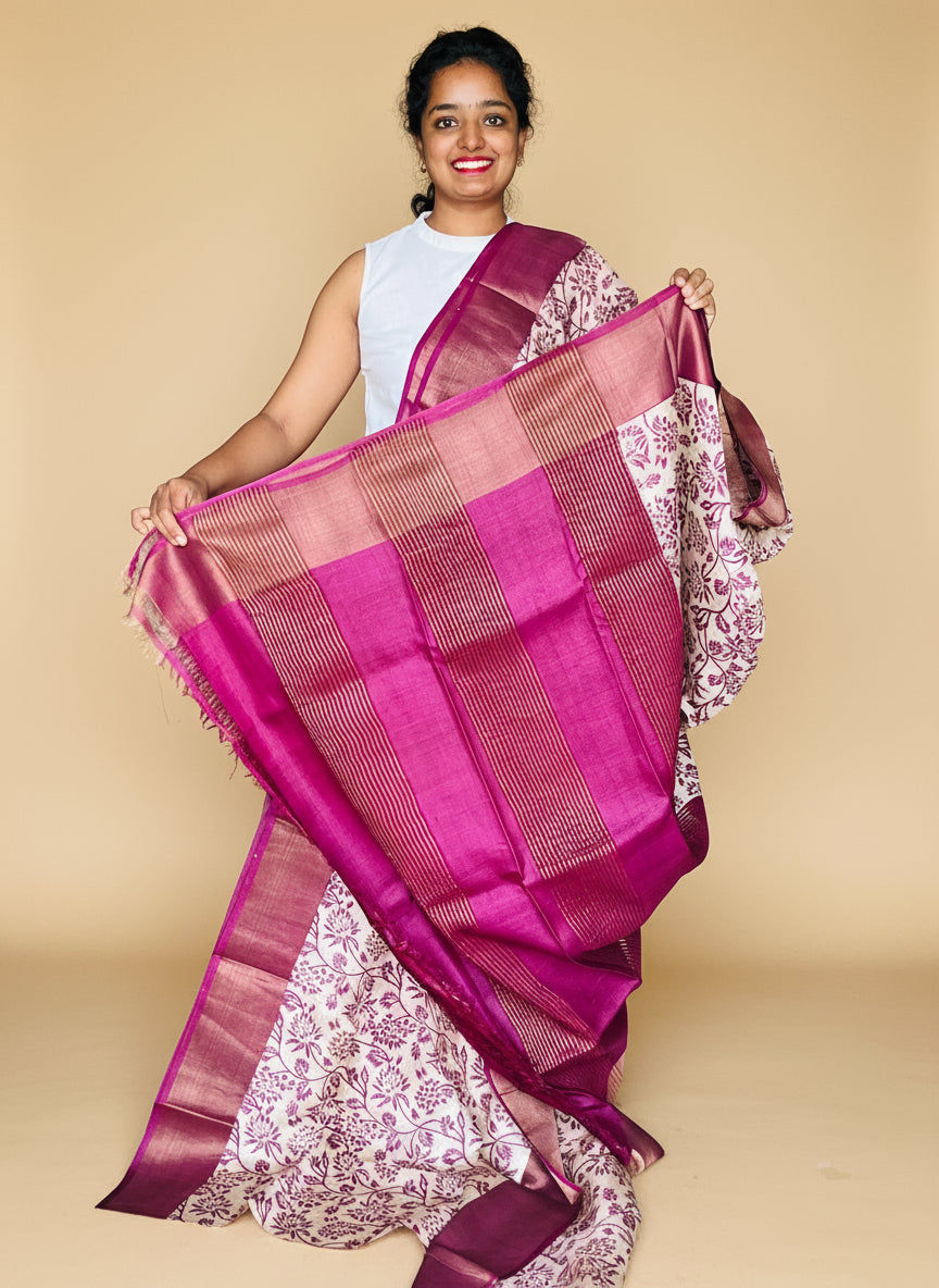 Magenta Tussar Silk Saree with Prints