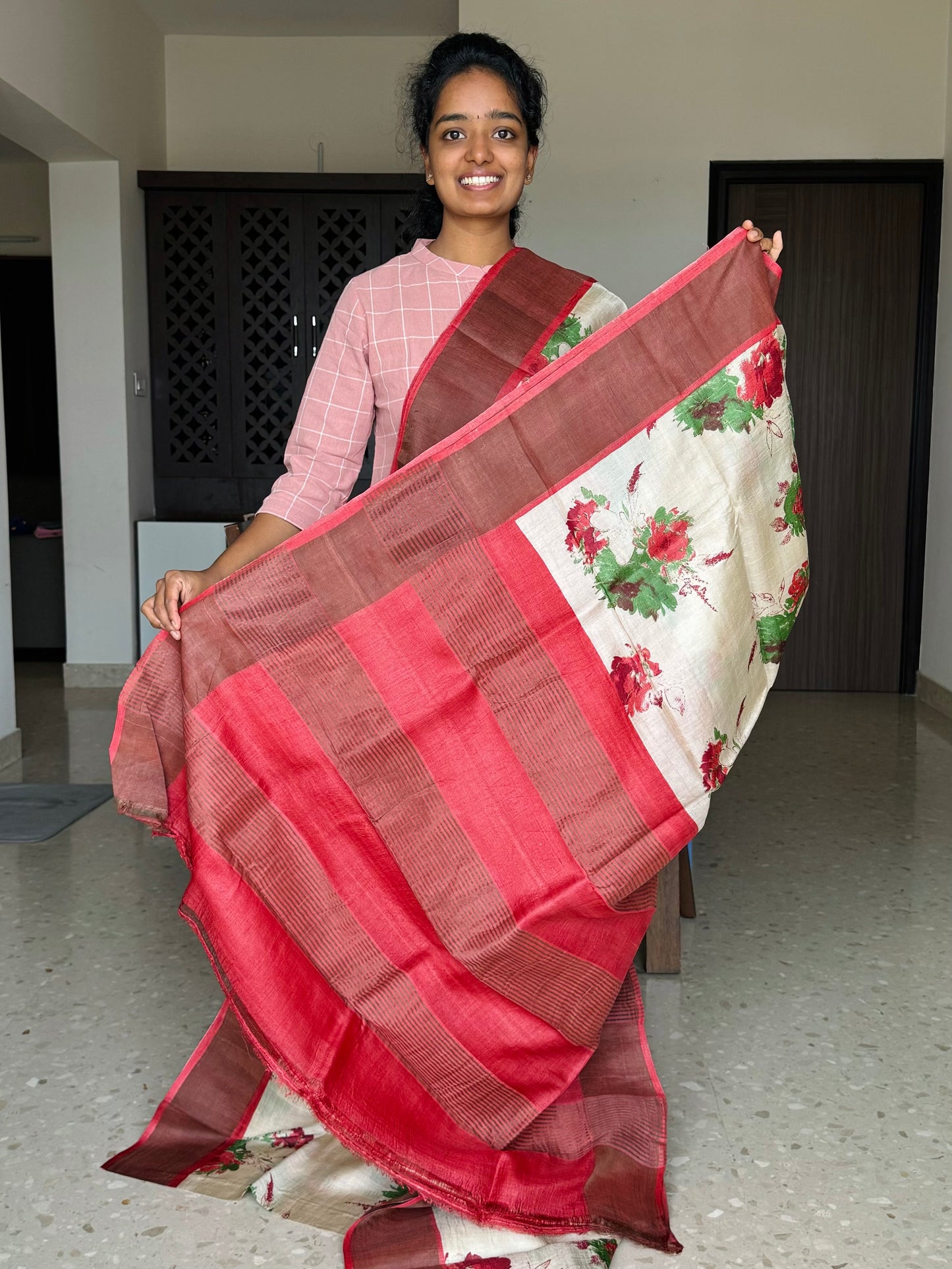 Cream and Red Tussar Silk Saree with Prints