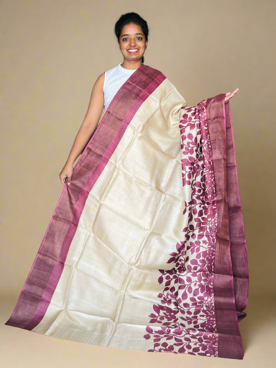 Cream and Maroon Tussar Silk Saree with Prints