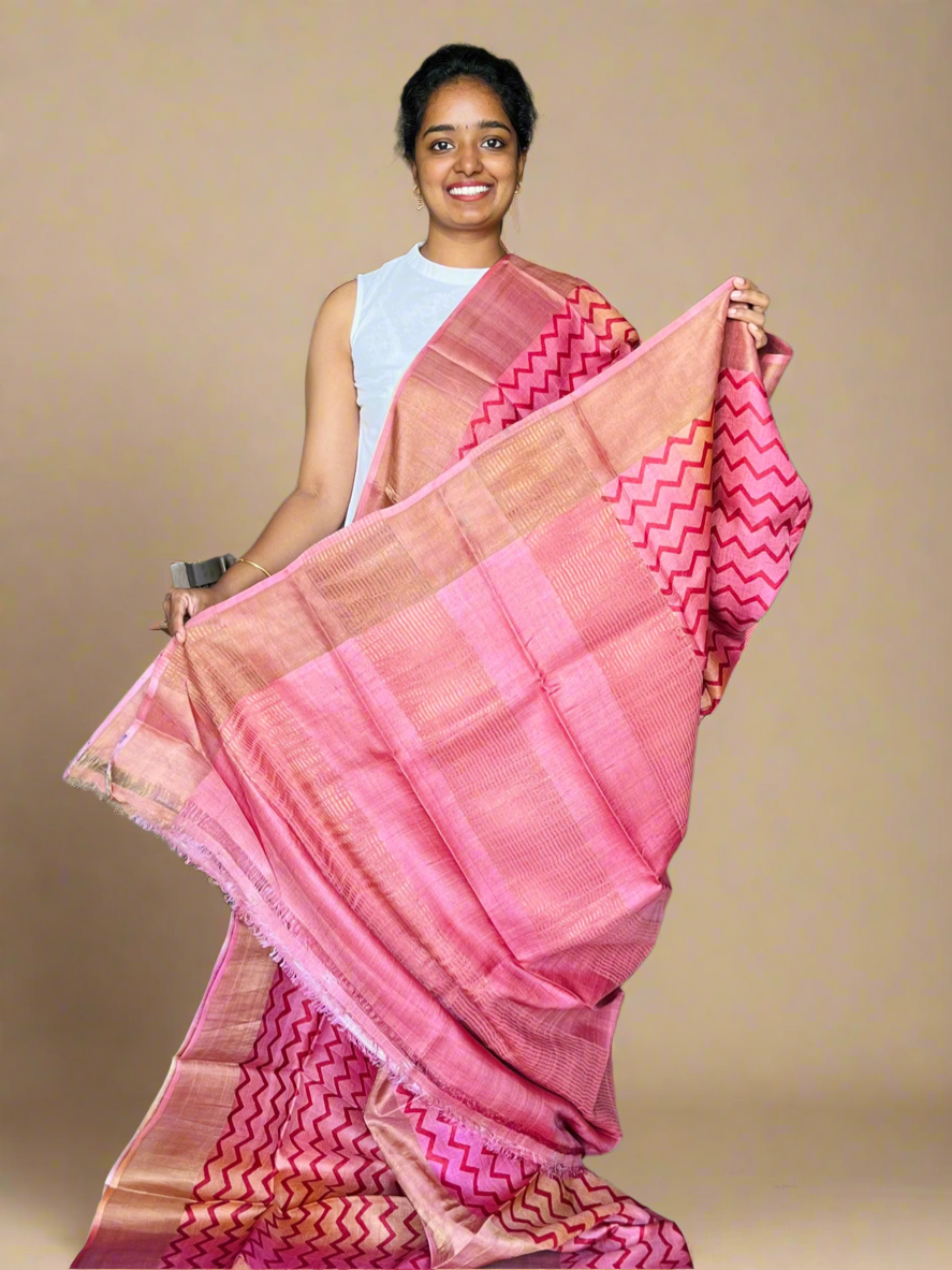 Pink and Mustard Tussar Silk Saree with Prints