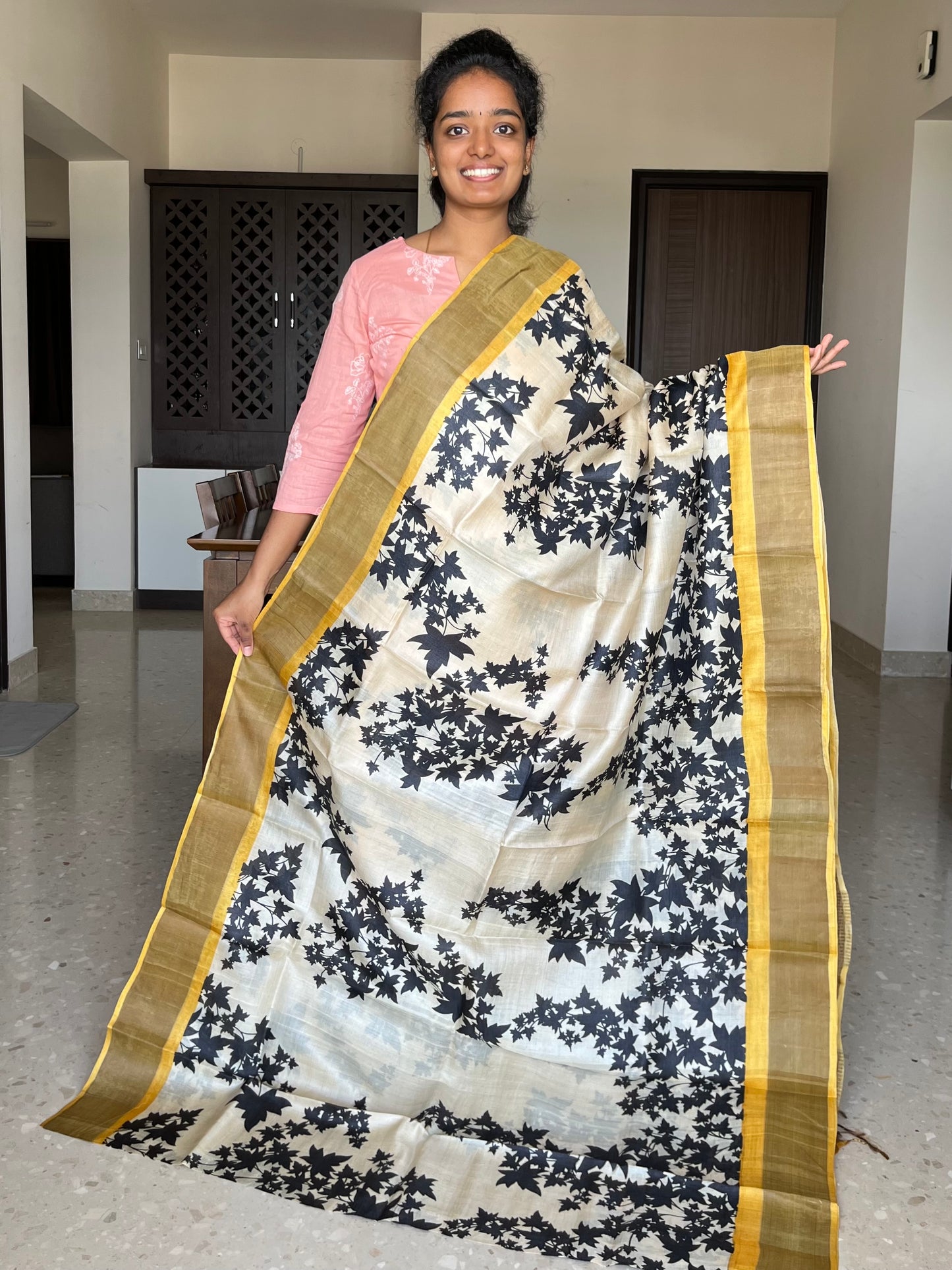 Cream and Yellow Tussar Silk Saree with Prints