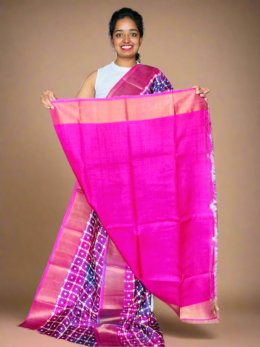 Pink and Violet Tussar Silk Saree with Prints