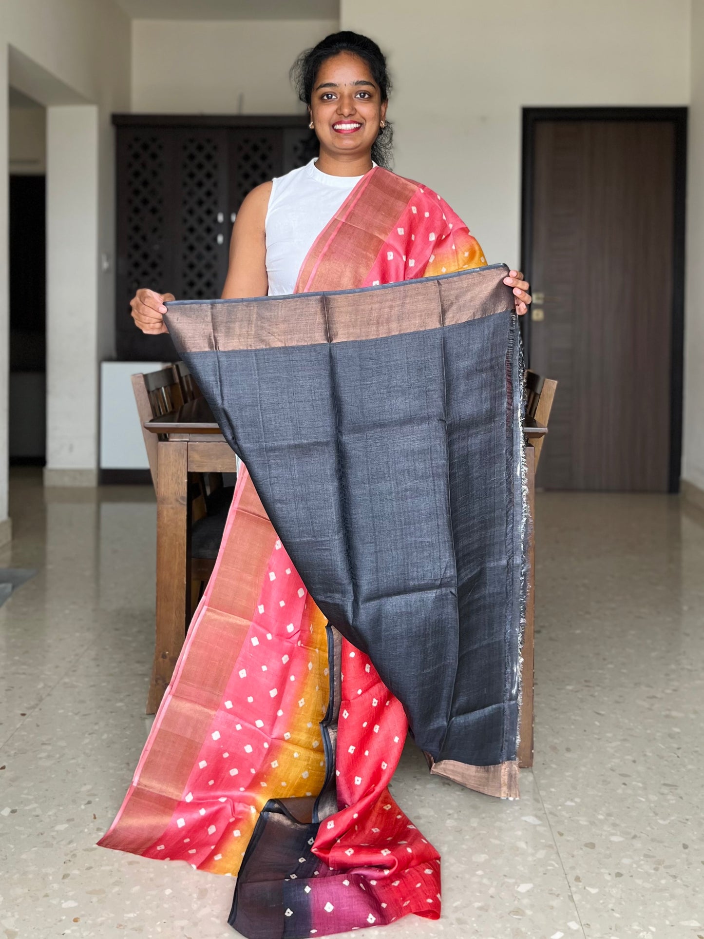 Yellow, Orange and Red Tussar Silk Saree with Prints