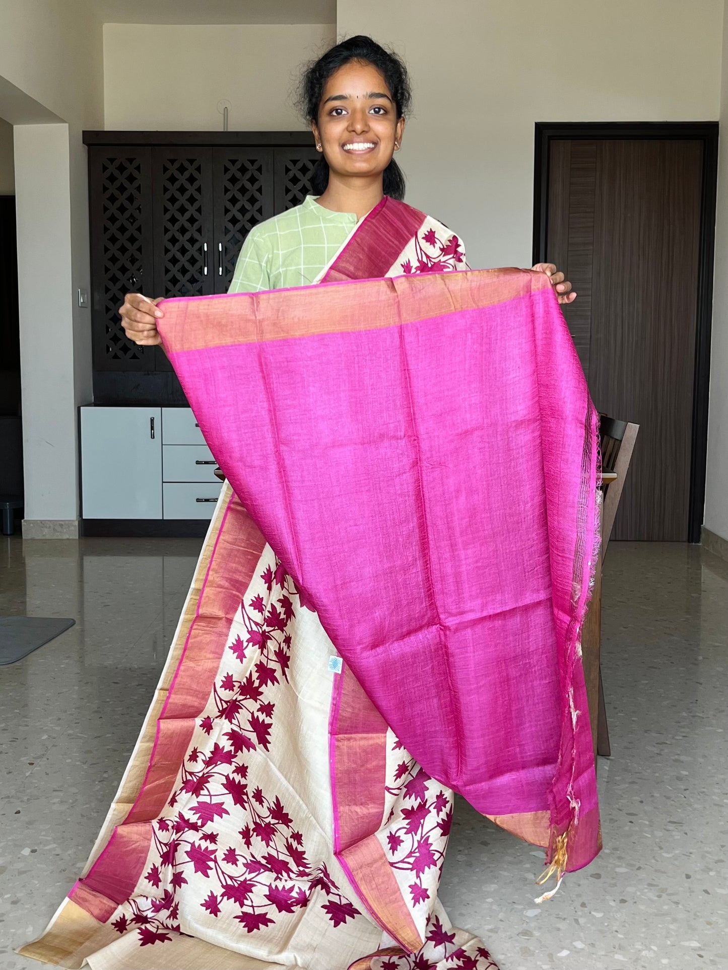 Cream and Magenta Tussar Silk Saree with Prints