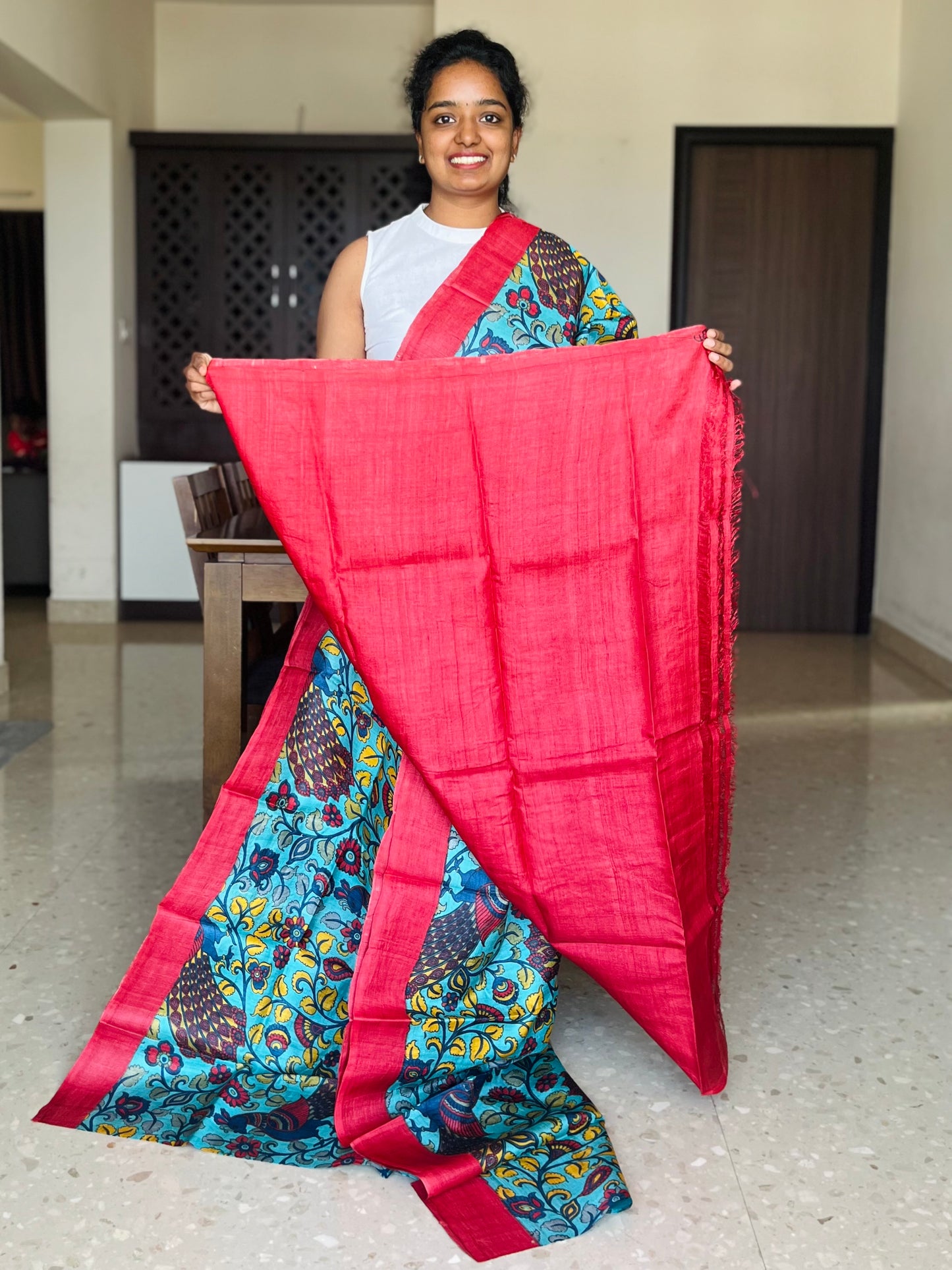 Blue and Red Tussar Silk Saree with Prints