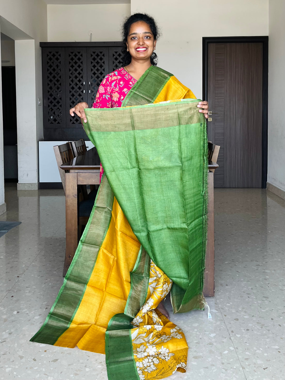 Yellow and Green Tussar Silk Saree with Prints