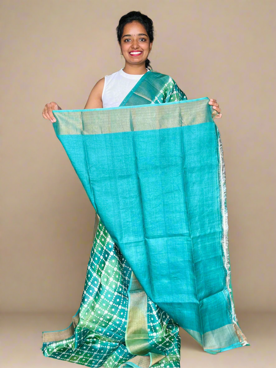 Green Tussar Silk Saree with Prints
