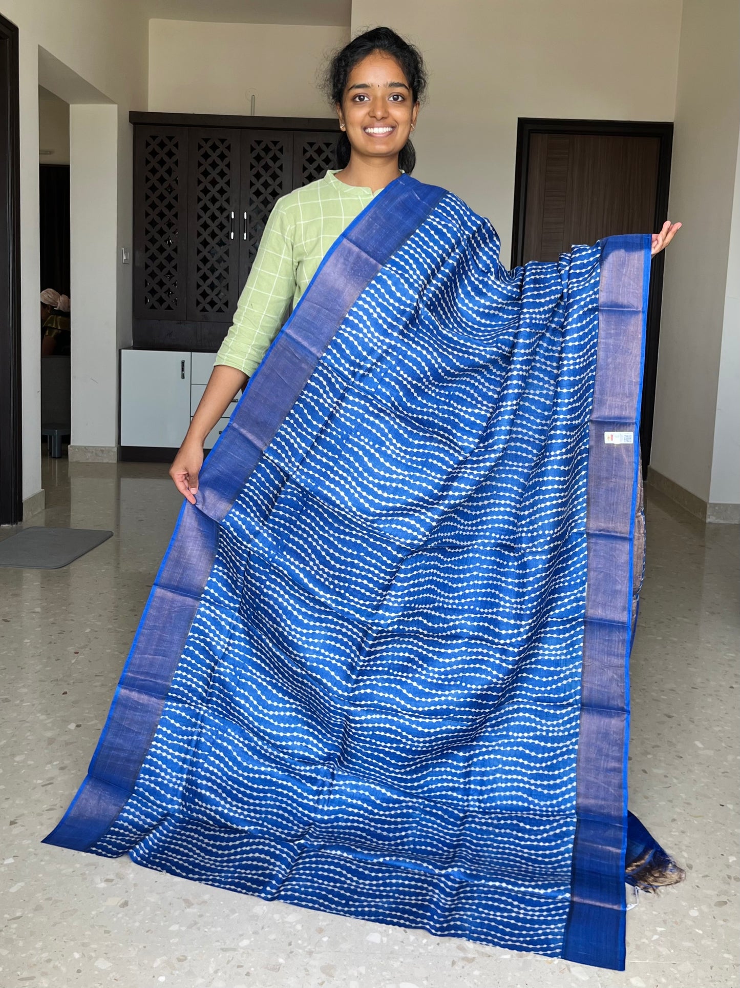 Royal Blue Tussar Silk Saree with Prints