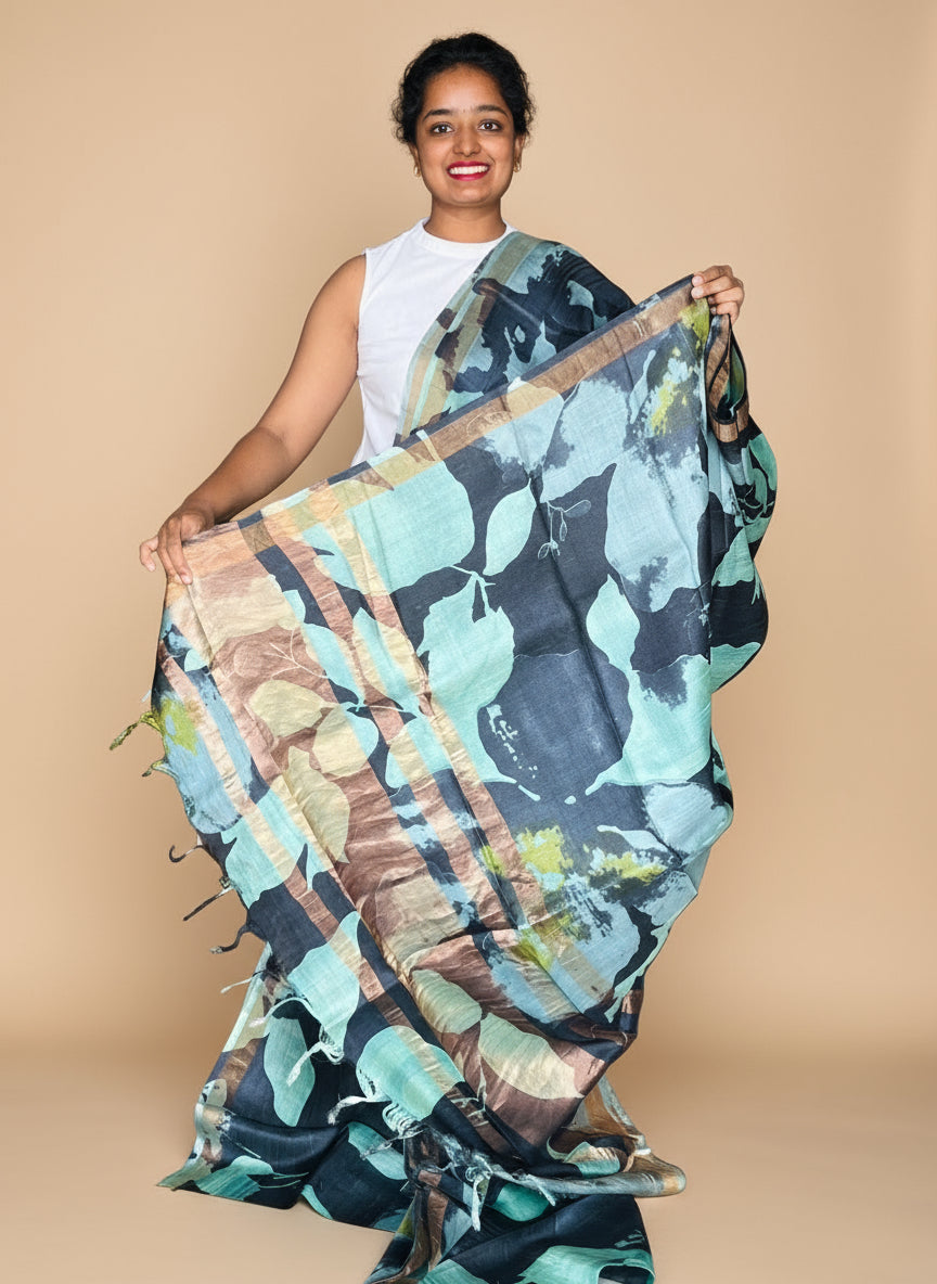 Black and Blue Tussar Silk Saree with Prints