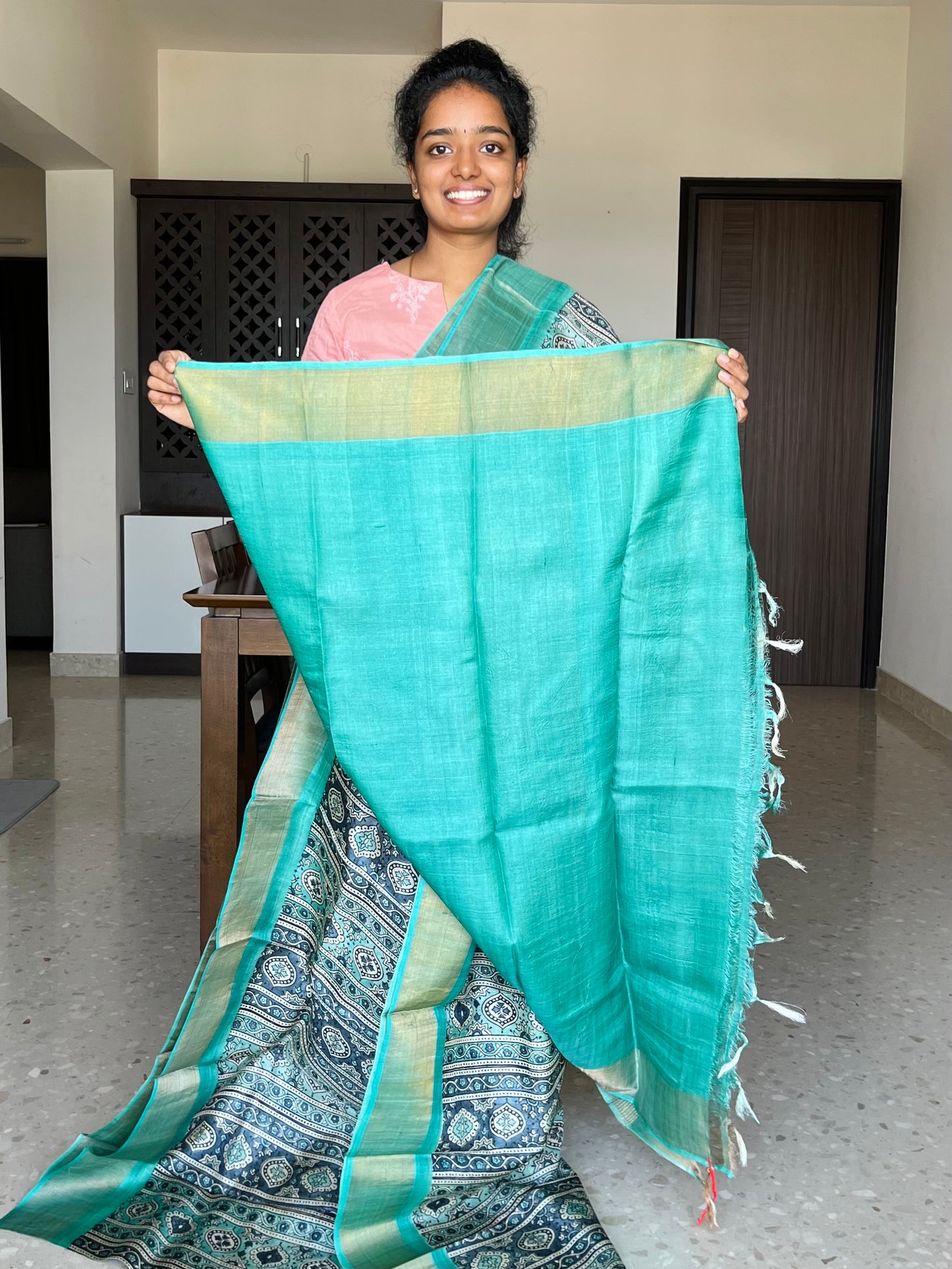 Grey and Cyan Tussar Silk Saree with Prints