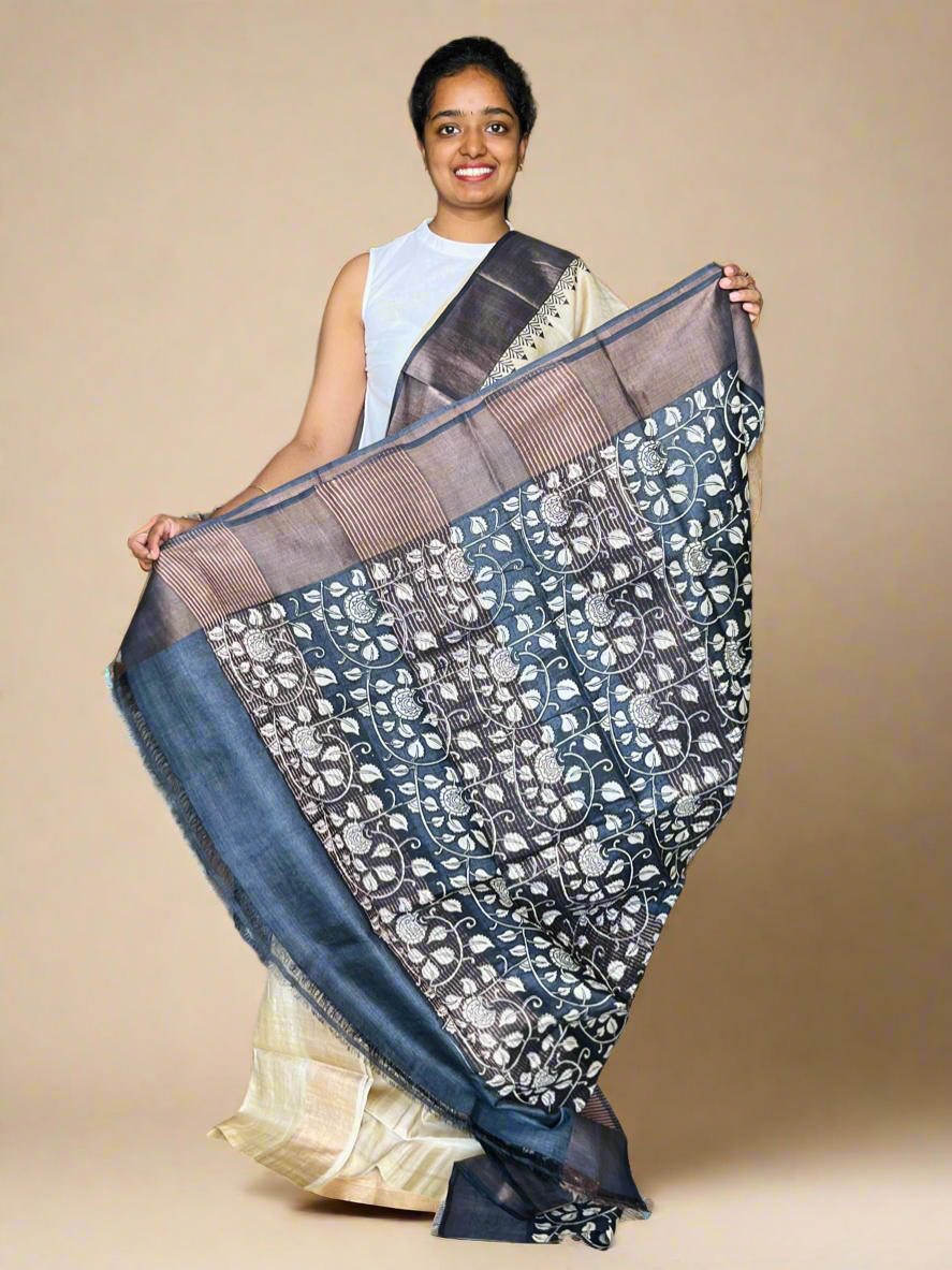 Cream and Black Tussar Silk Saree with Prints