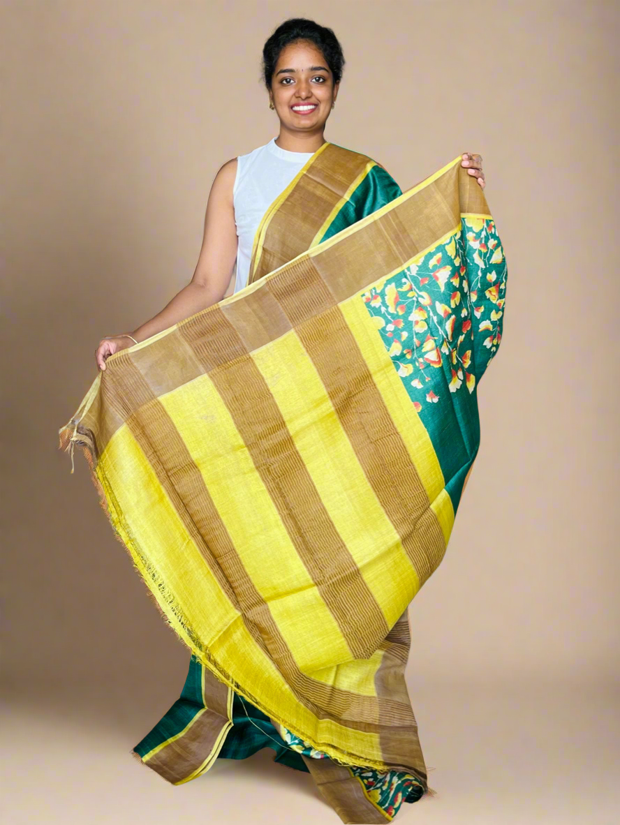 Dark Green and Yellow Tussar Silk Saree with Prints