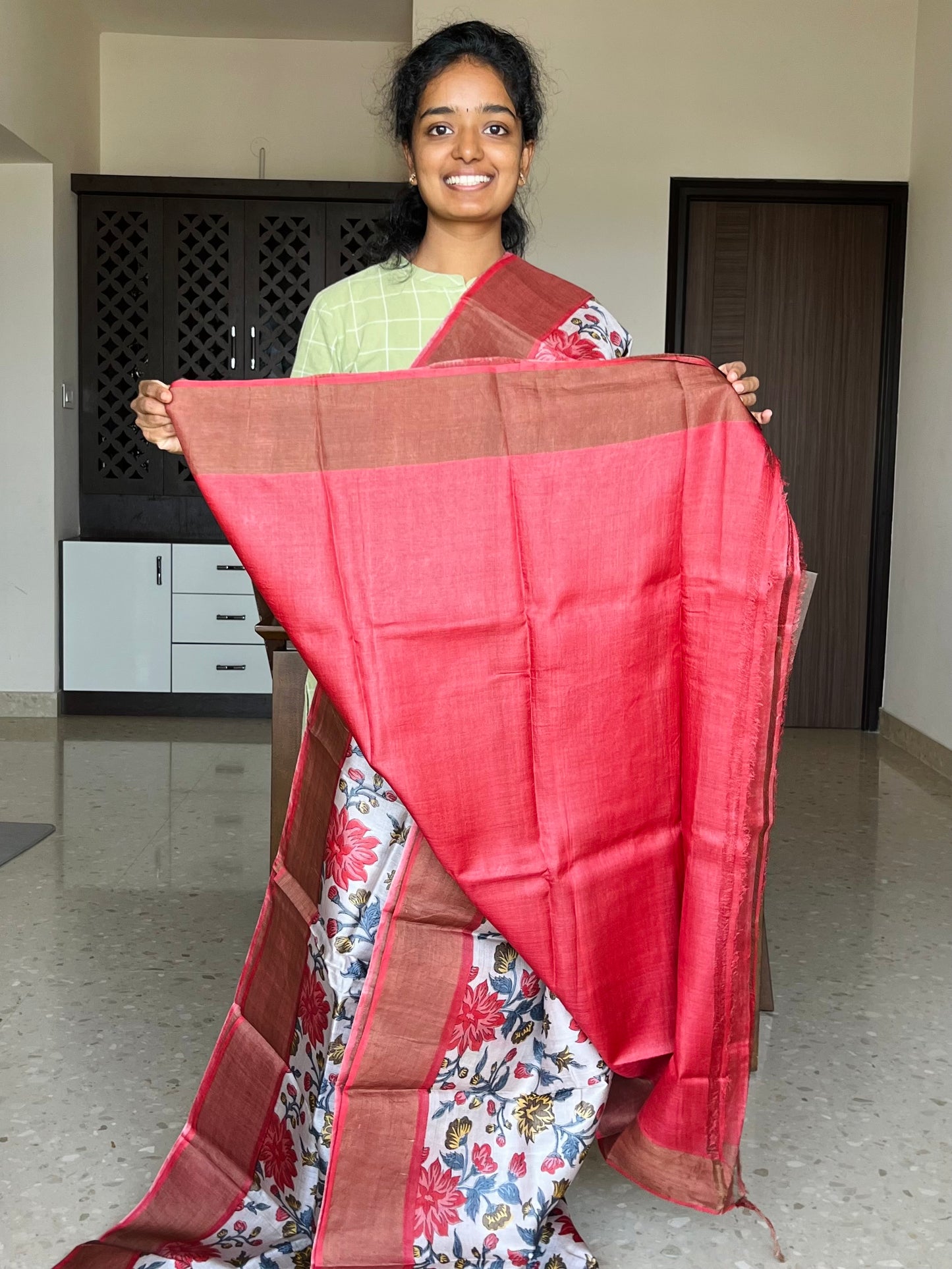 Off White and Peach Tussar Silk Saree with Floral Prints