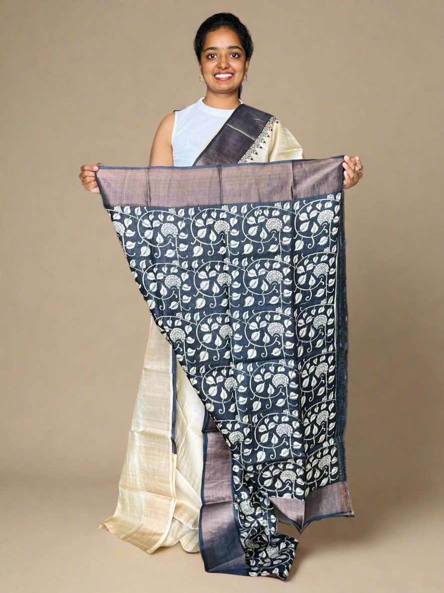 Cream and Black Tussar Silk Saree with Prints