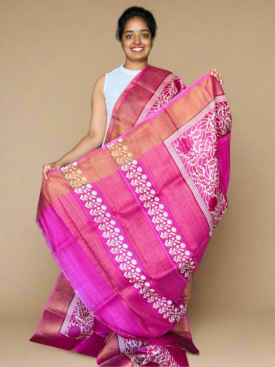 Fuschia Pink Tussar Silk Saree with Prints