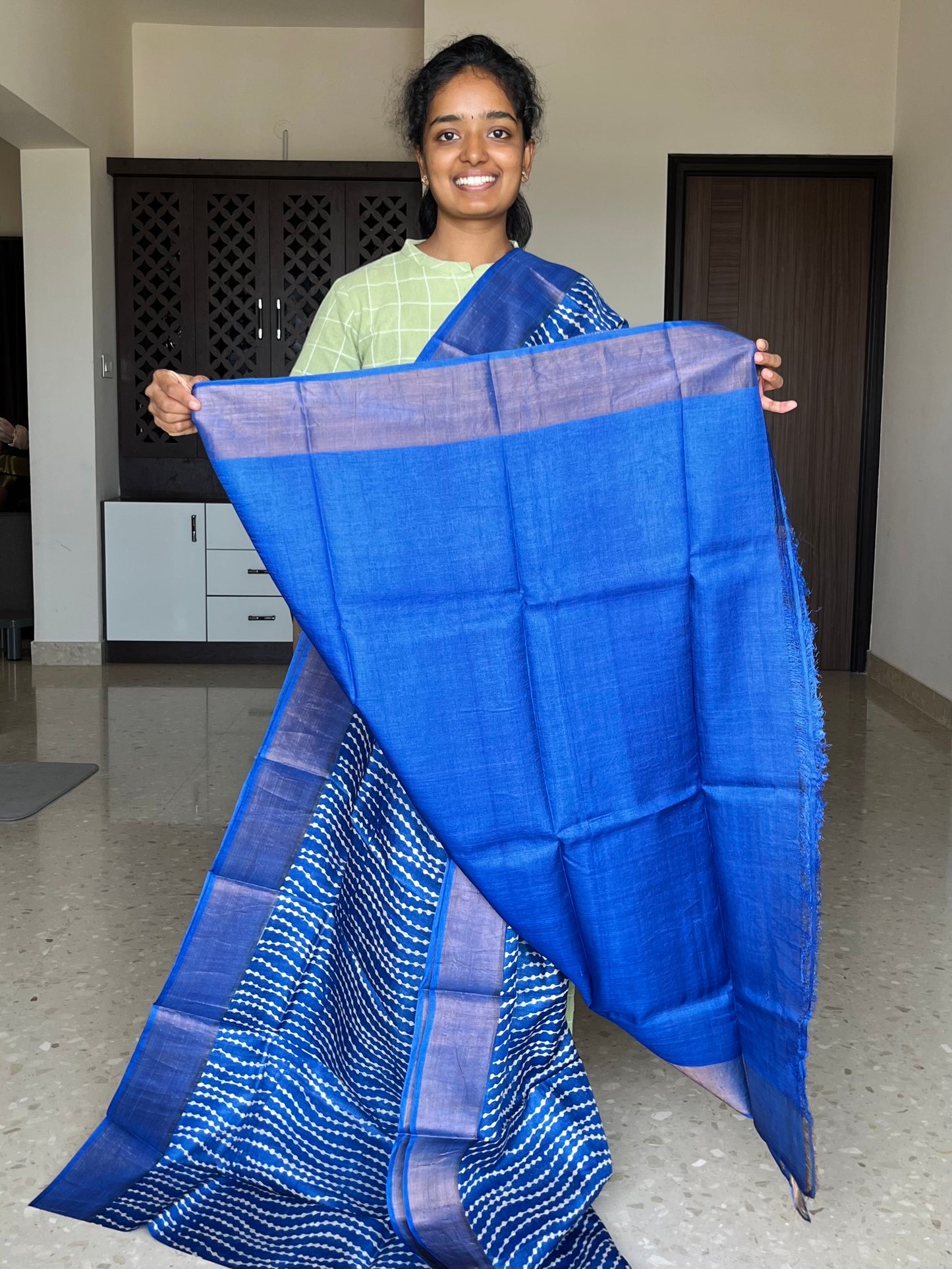 Royal Blue Tussar Silk Saree with Prints