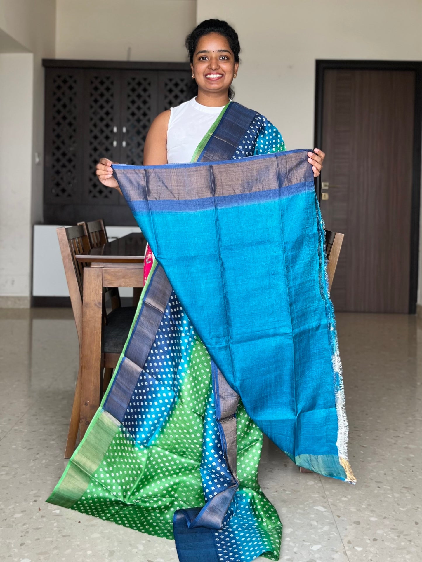 Green and Blue Tussar Silk Saree with Prints