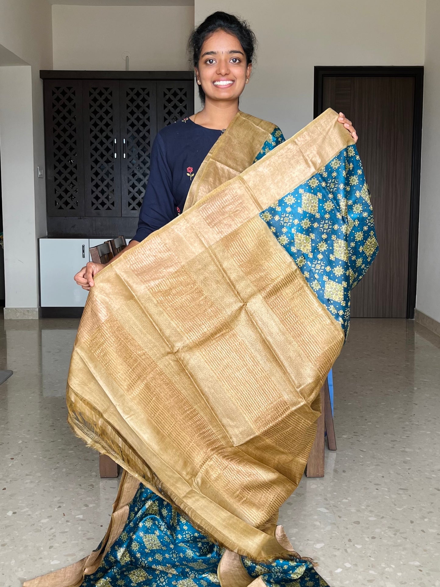 Royal Blue and Gold Tussar Silk Saree with Prints
