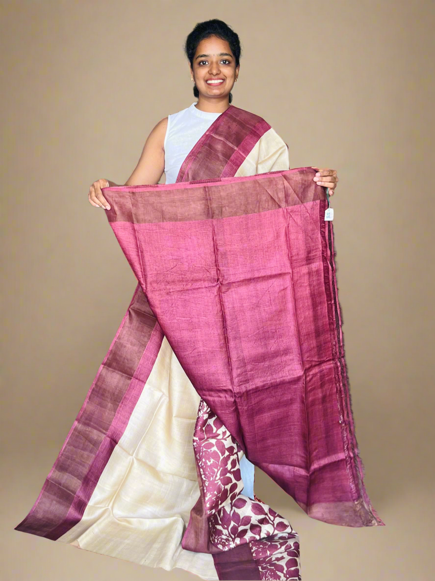 Cream and Maroon Tussar Silk Saree with Prints