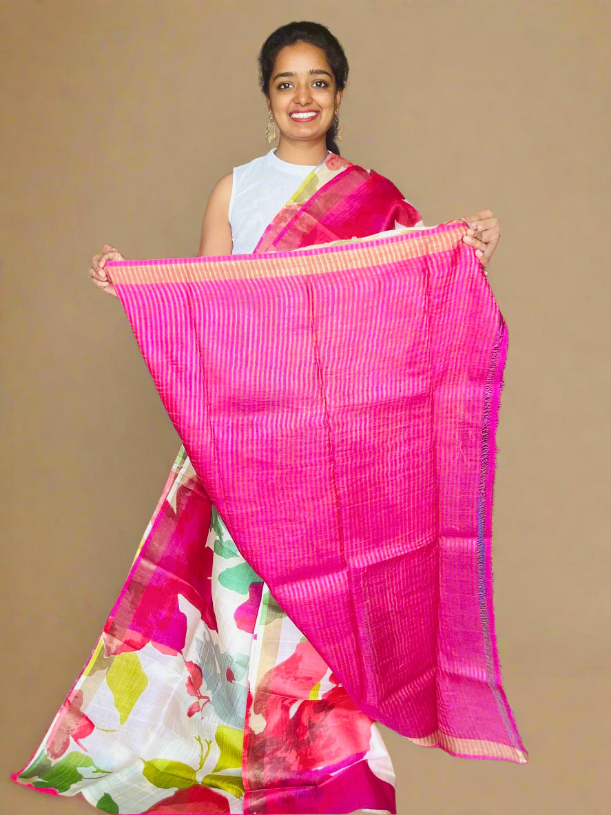 Cream and Pink Tussar Silk Saree with Prints