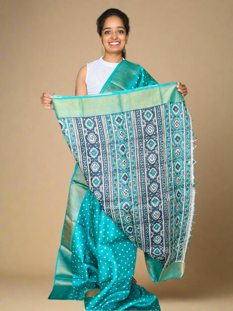 Teal Green Tussar Silk Saree with Print