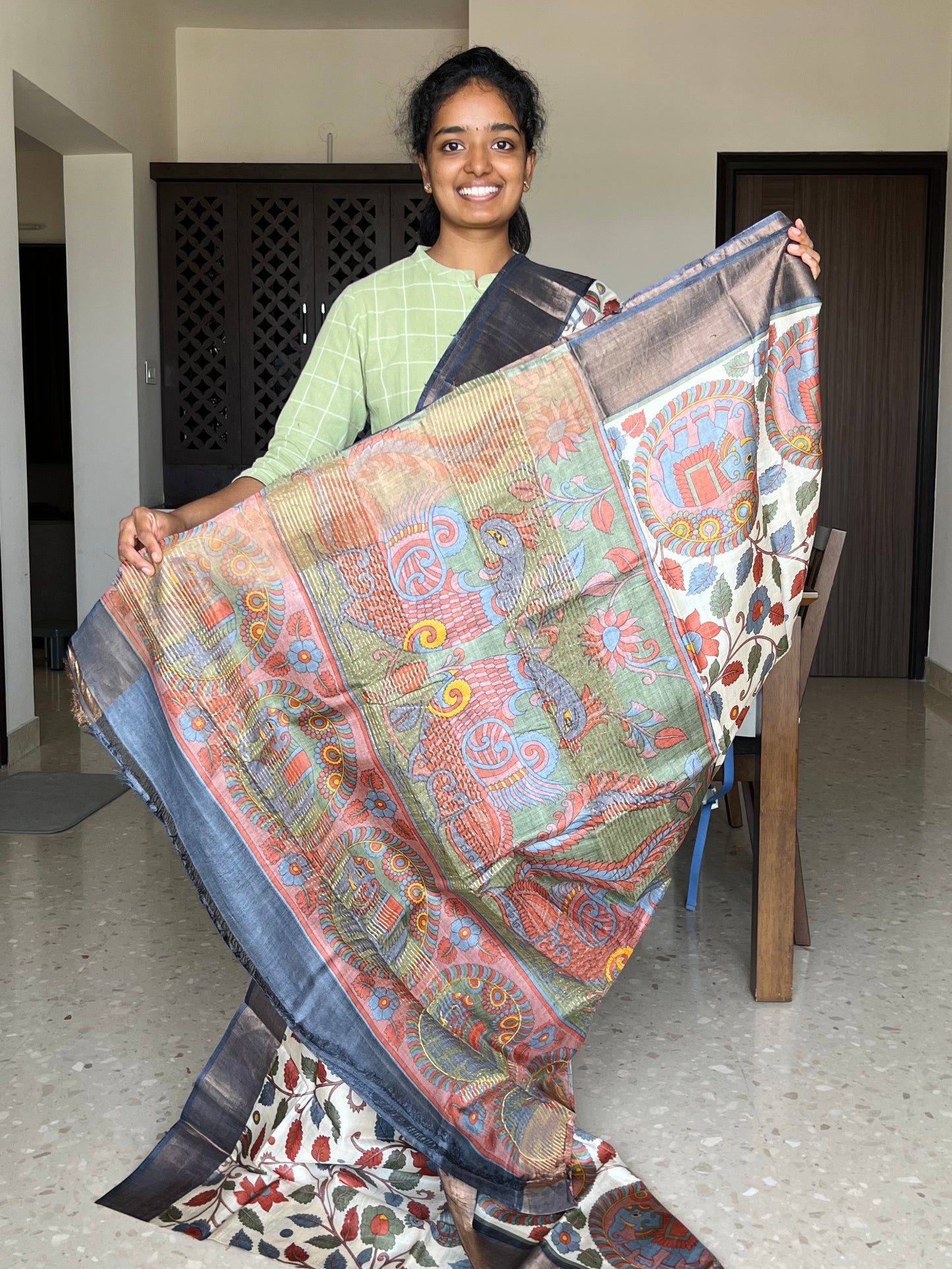Cream and Grey Tussar Silk Saree with Kalamkaari Prints