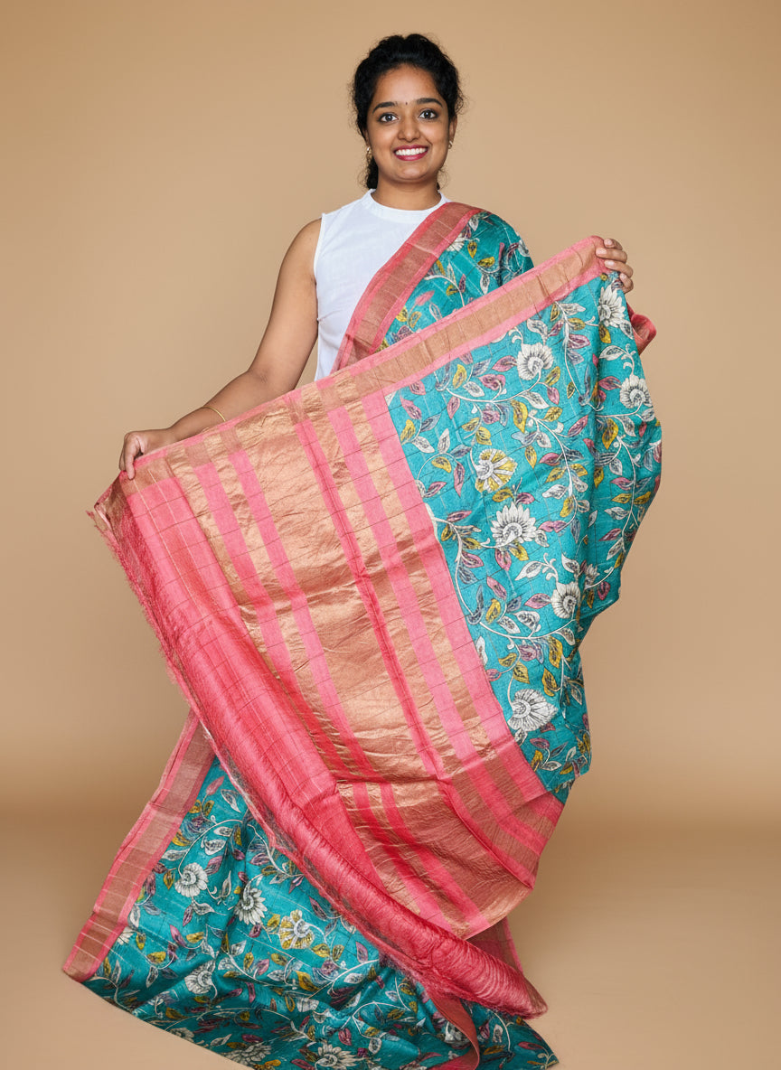 Cyan and Peach Tussar Silk Saree with Prints