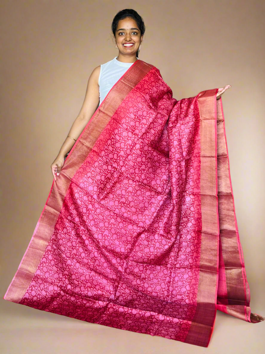 Pink and Red Tussar Silk Saree with Prints