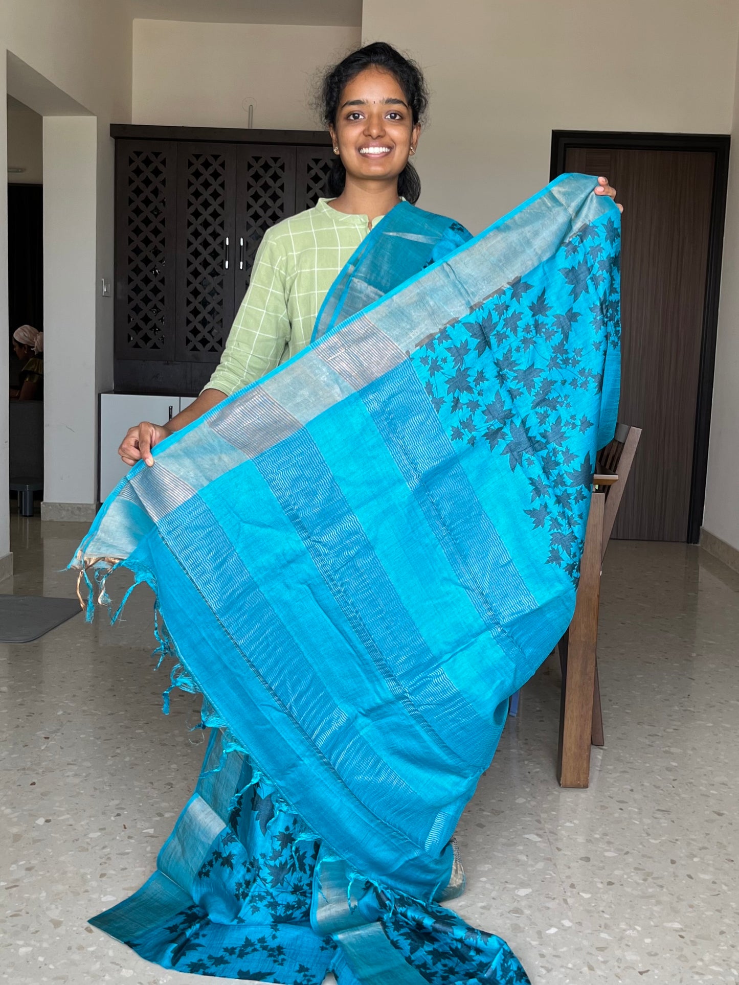 Blue and Black Tussar Silk Saree with Prints