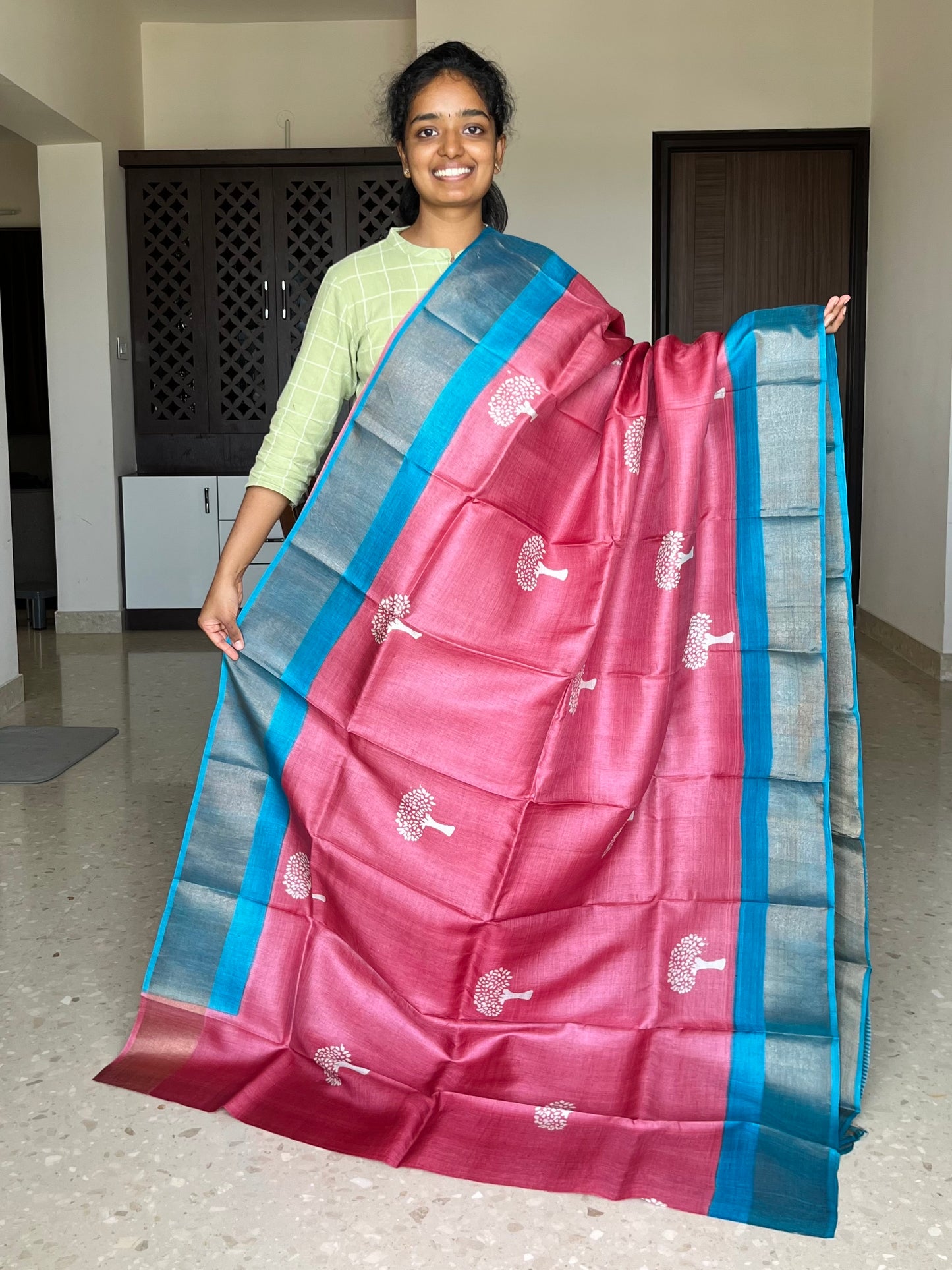 Pink and Blue Tussar Silk Saree with Prints