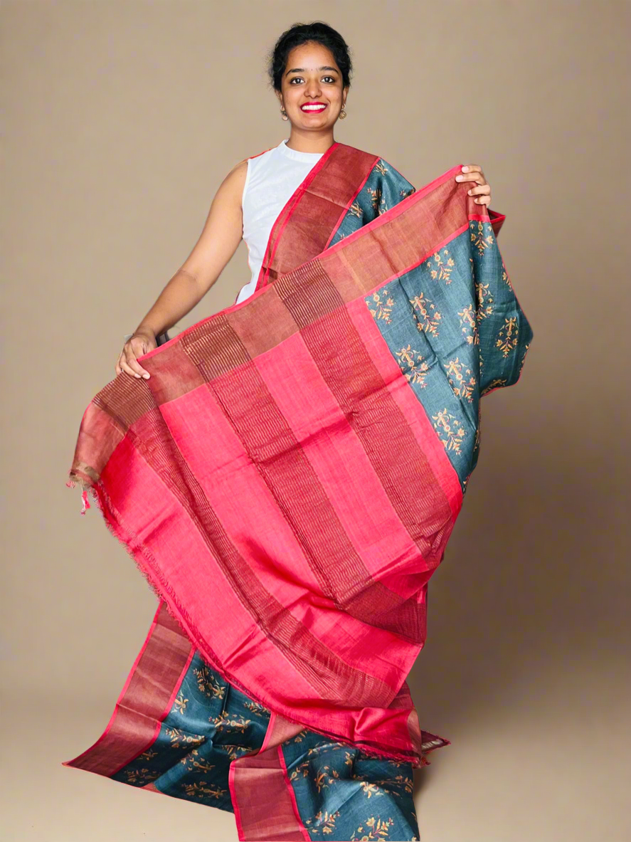 Green and Red Tussar Silk Saree with Prints