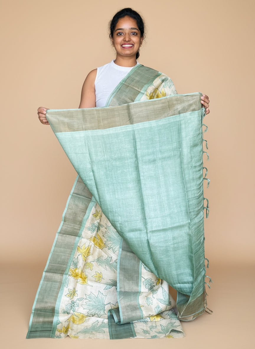 Cream and Green Tussar Silk Saree with Prints