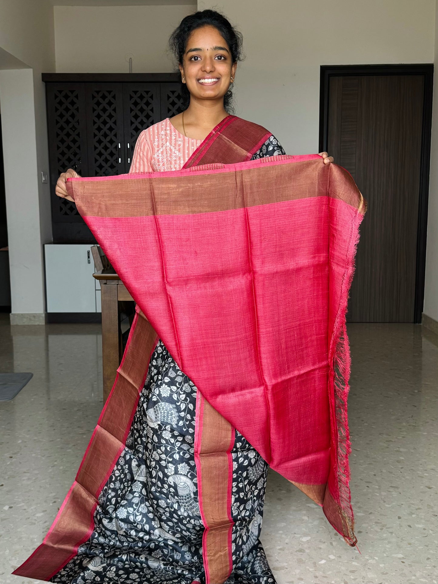 Black and Red Tussar Silk Saree with Prints