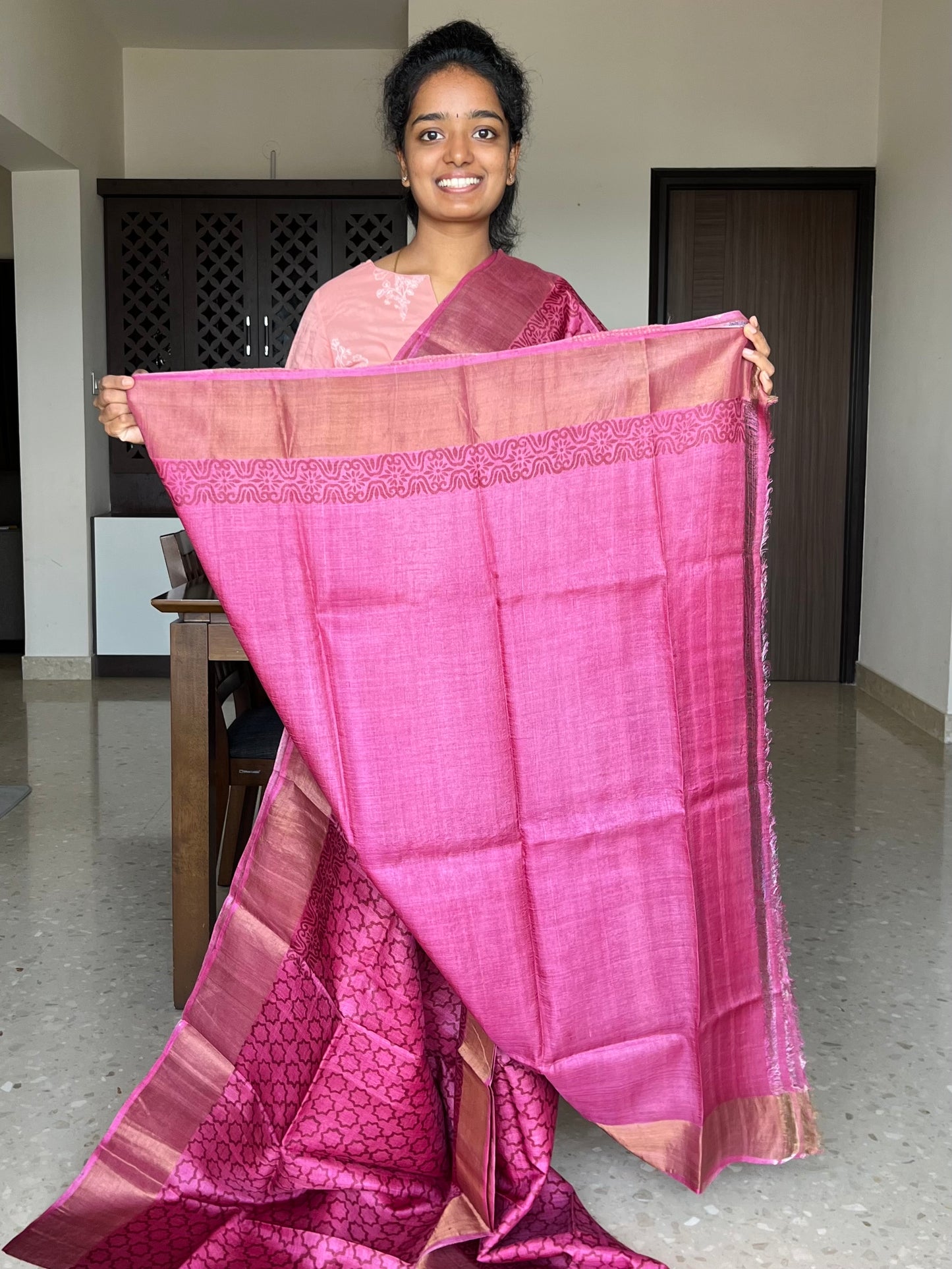Pink Tussar Silk Saree with Prints