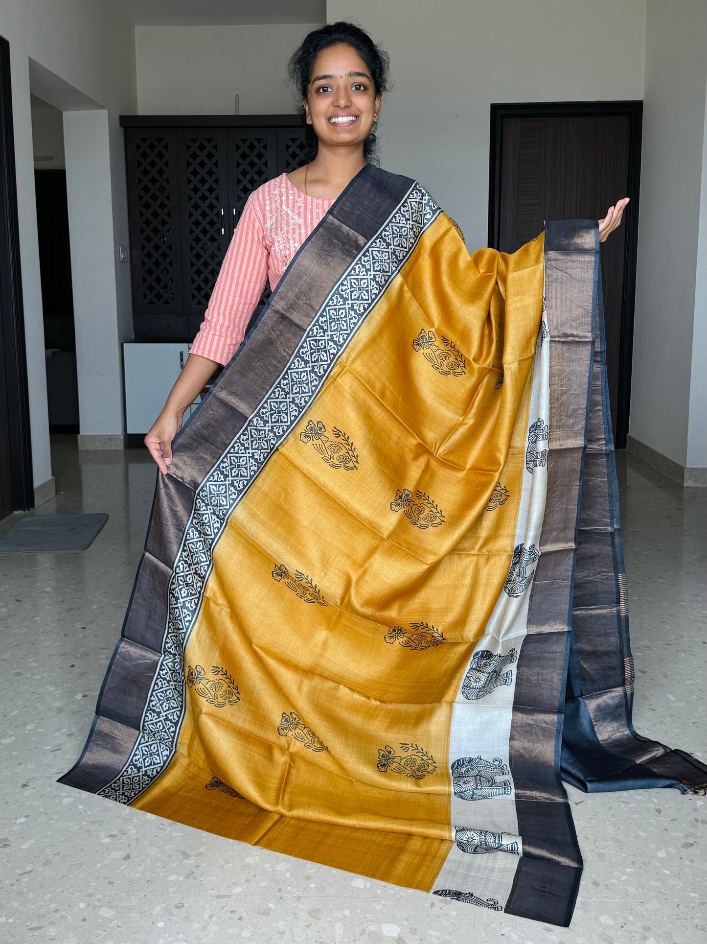 Yellow and Black Tussar Silk Saree with Prints