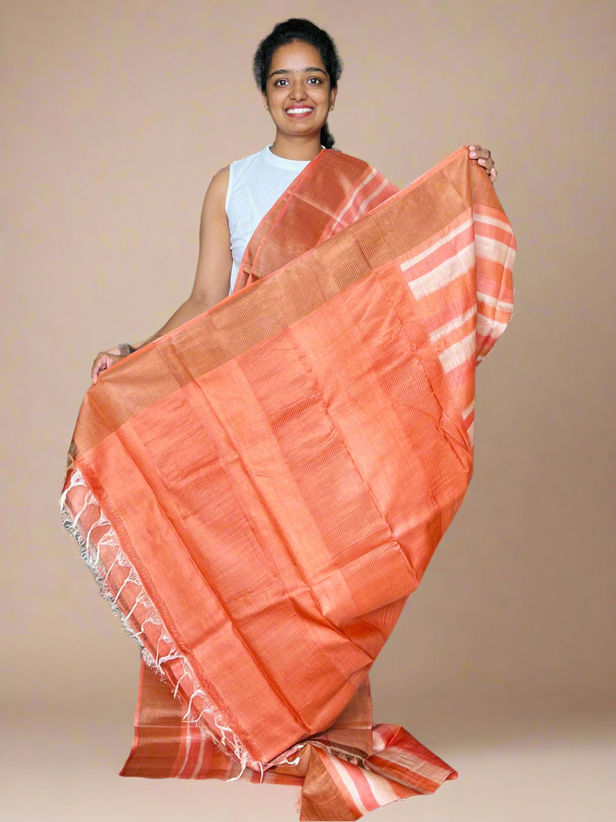 Orange Tussar Silk Saree with Prints