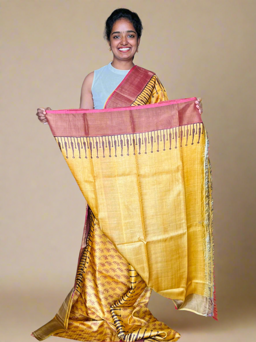 Yellow and Red Tussar Silk Saree with Prints