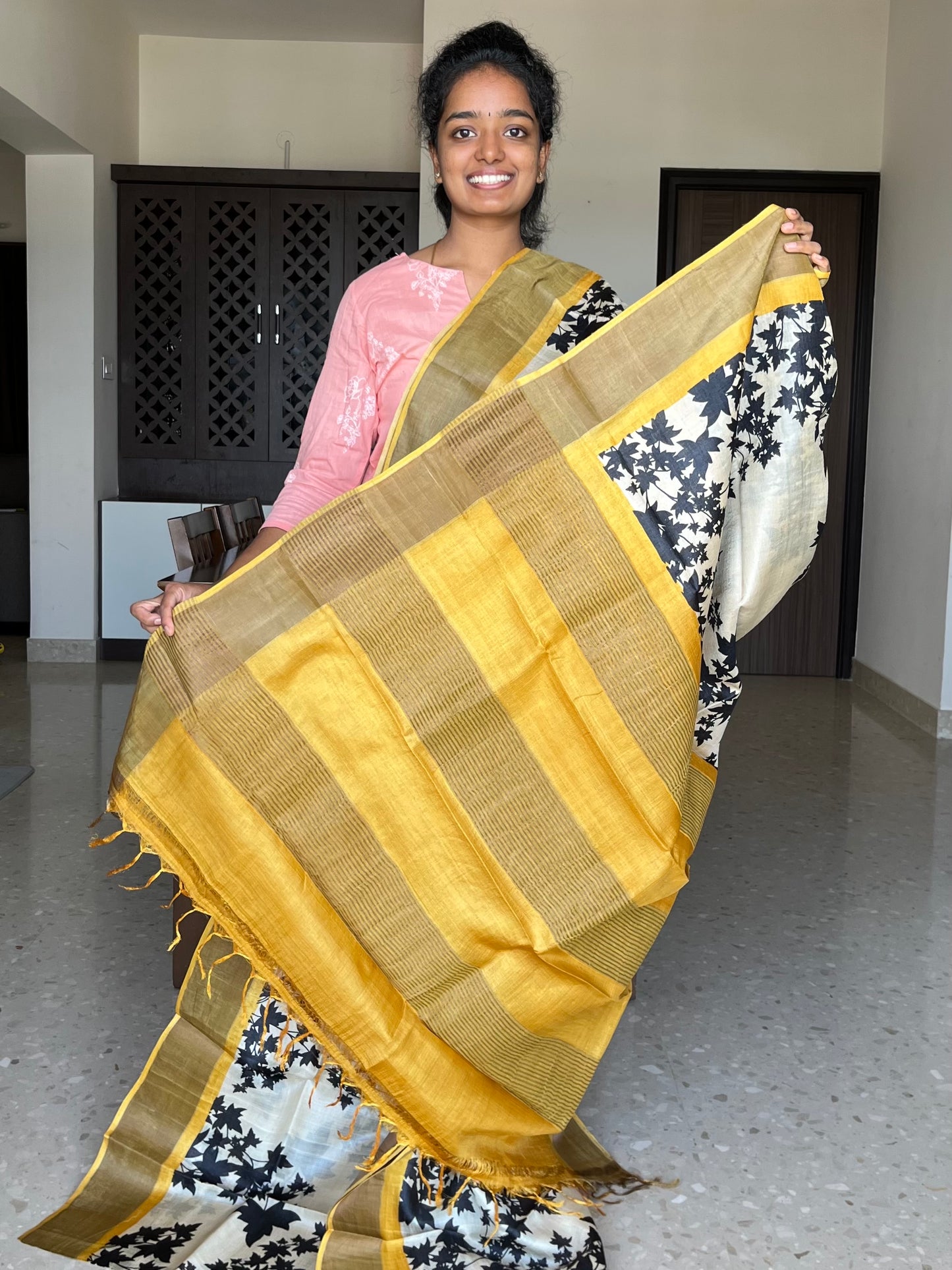 Cream and Yellow Tussar Silk Saree with Prints
