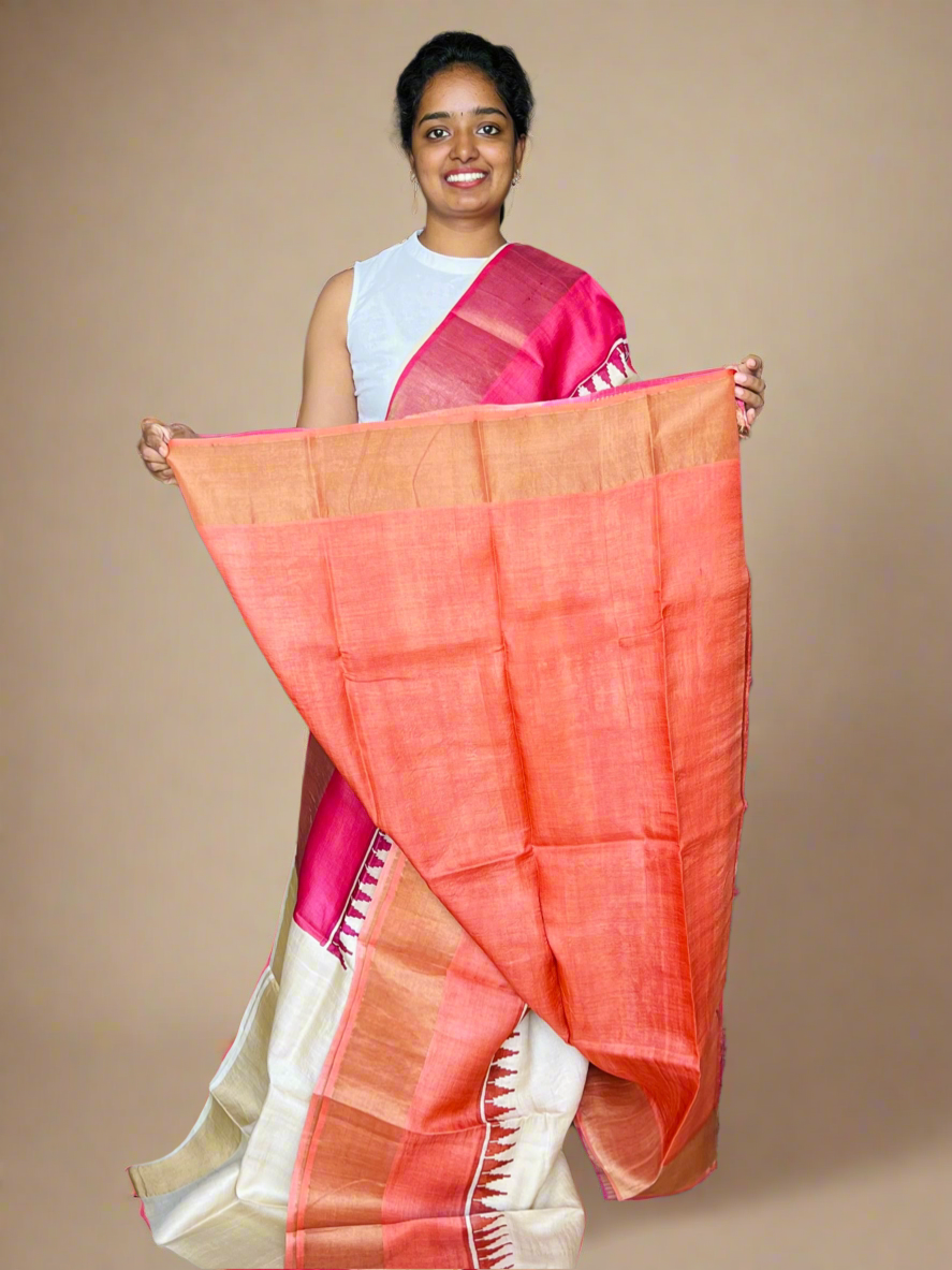 Cream, Orange and Pink Tussar Silk Saree with Prints